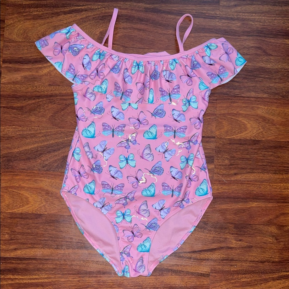 Girls Pink Butterfly Print Off-Shoulder Swimsuit